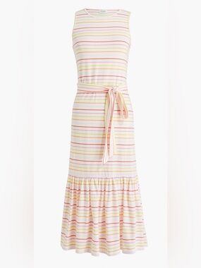 J. Crew Colorful Striped Sleeveless Dress with tie belt and ruffle bottom.